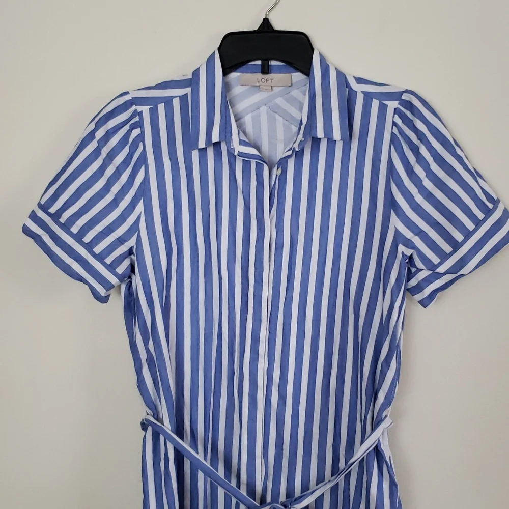 Loft blue and white button down waist tie short sleeve shirt dress. Sz Medium - Picture 4 of 9